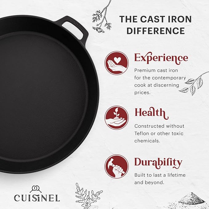 Cuisinel Cast Iron Skillet + Chainmail Scrubber Cleaner - 17"-Inch Dual Handle Braiser Frying Pan + Silicone Handle Covers - Pre-Seasoned Oven, Grill, BBQ, Stovetop, Fire Cookware - Indoor/Outdoor Use
