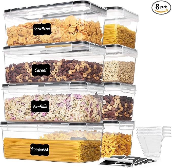 Vtopmart Pasta Storage Containers, 8 Pack, 3.2L Airtight Canisters | Horizonta Storage Design, Easy Access, Airtight BPA-Free Containers, Reusable Labels & Measuring Cups Included