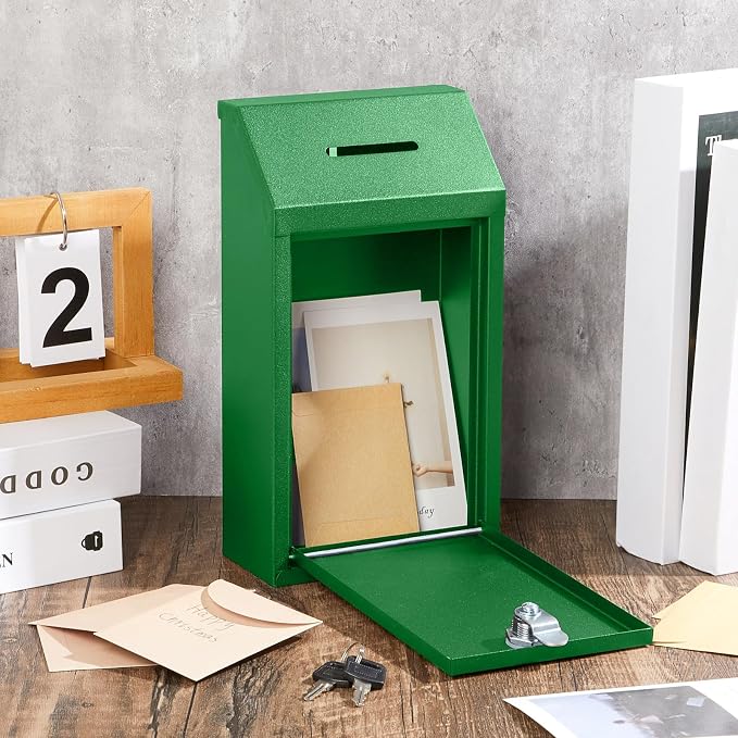 Yaocom Metal Money Box,Green,10.24 x 5.71 x 2.95 Inch,No Lid | Wall Mounted Drop Donation Cash Box for Farm Stand Collection Safe Suggestion Box with Lock Container for Home Office Outdoor