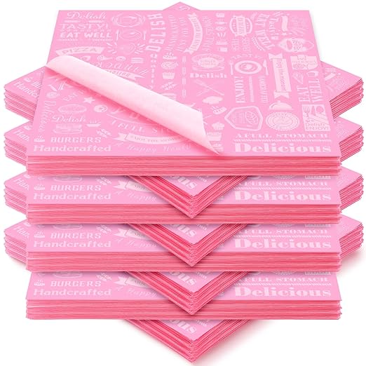 Outus 600 Pcs 12 x 12 Inch Deli Wax Paper Sheets Grease Resistant Tray Basket Liners Newsprint Paper Water and Grease Proof Sandwich Wrapping Square Hot Dog Wrappers for Food Baking (Pink)