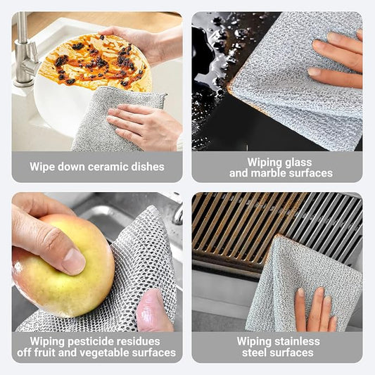 Non-Scratch Wire Dish Cloth, 10PCS Double Layer Multipurpose Wire Dishwashing Rags for Wet and Dry, Dish Cloths for Washing Dishes, Stovetops, Kitchen Countertops with Ease