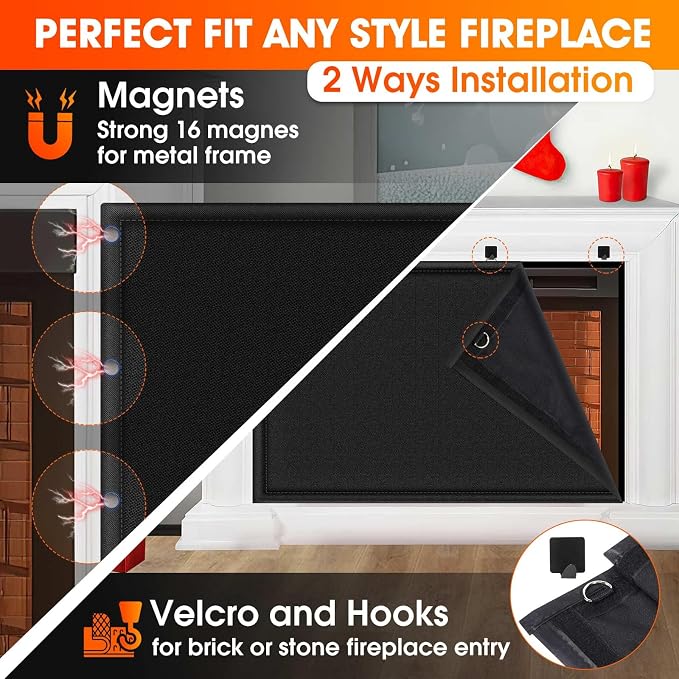 CADARA Fireplace Blocker Blanket Stops Heat Loss, Magnetic Fireplace Draft Stopper, Indoor Fire Place Draft Cover with Hook and Loop Tapes, Cold Air Blocker Save Energy, Black 36" W x 34" H