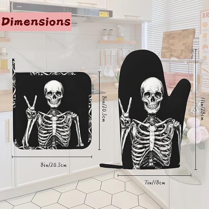 Funny Skull Heat-Resistant Silicone Oven Mitts and Pot Holders 4 Piece Set,Extra Long Non-Slip Kitchen Oven Gloves for Cooking, Baking, BBQ,Grilling
