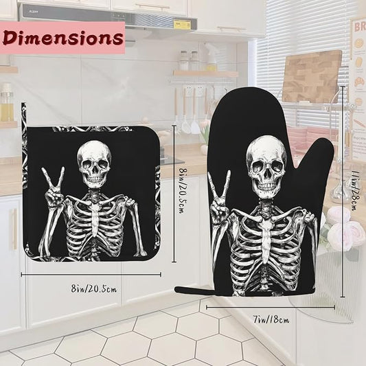 Funny Skull Heat-Resistant Silicone Oven Mitts and Pot Holders 4 Piece Set,Extra Long Non-Slip Kitchen Oven Gloves for Cooking, Baking, BBQ,Grilling