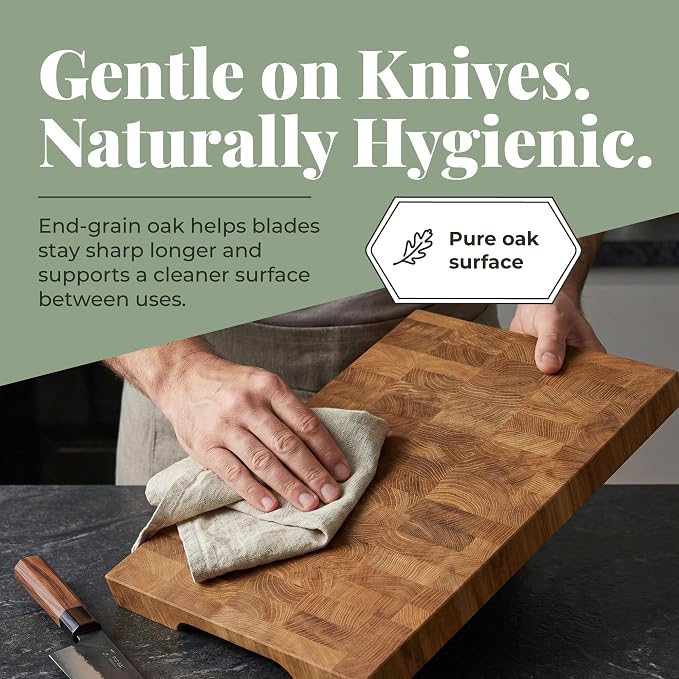 End Grain 12"x10" European Oak Wood Cutting Board with Non-Slip Feet & Handles, Charcuterie Board, Knife-Friendly, Serving Cutting Board for Kitchen