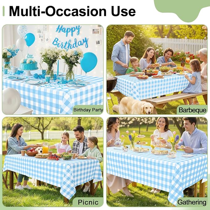 4 Packs Buffalo Disposable Table Cloth, 54 x 108 Inch Waterproof Plastic Tablecloth, Rectangle Baby Blue and White Checkered Table Covers for Picnic, Birthday, Party, Back to School