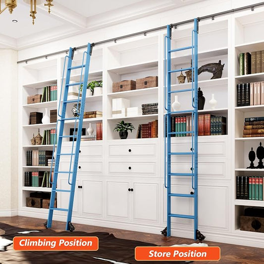 DIYHD 108" Rolling Library Ladder with Handrail, 4FT Sliding Rail, Blue | 9-Step lightweight ladder with space-saving upright storage, Telescopic top hooks, Locking bottom rollers, 300lbs capacity