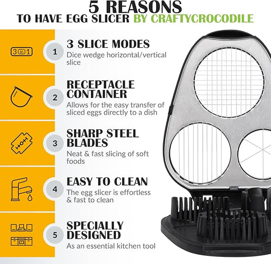 CraftyCrocodile Egg Slicer for Hard Boiled Eggs - 3 Slice Modes Egg Cutter, Heavy Duty, Stainless Steel Dicer - Kitchen Chopper Tool for Strawberry, Mushroom, Grape, Cherry Tomato - Black