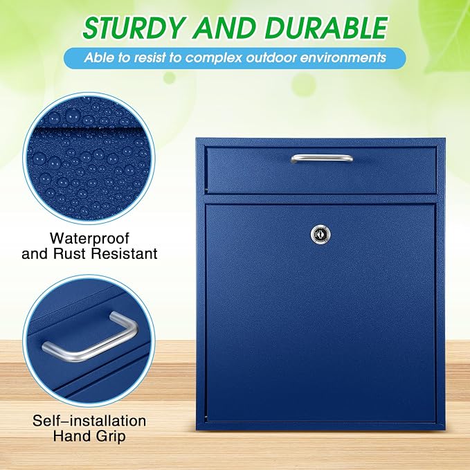 Yaocom Locking Mailbox with Key for Outdoor 12 x 10.5 x 4.7 Inches Large Wall Mount Mail Box with Lock Security Mail Drop Metal Collection Boxes Hanging Secure Postbox(Dark Blue)