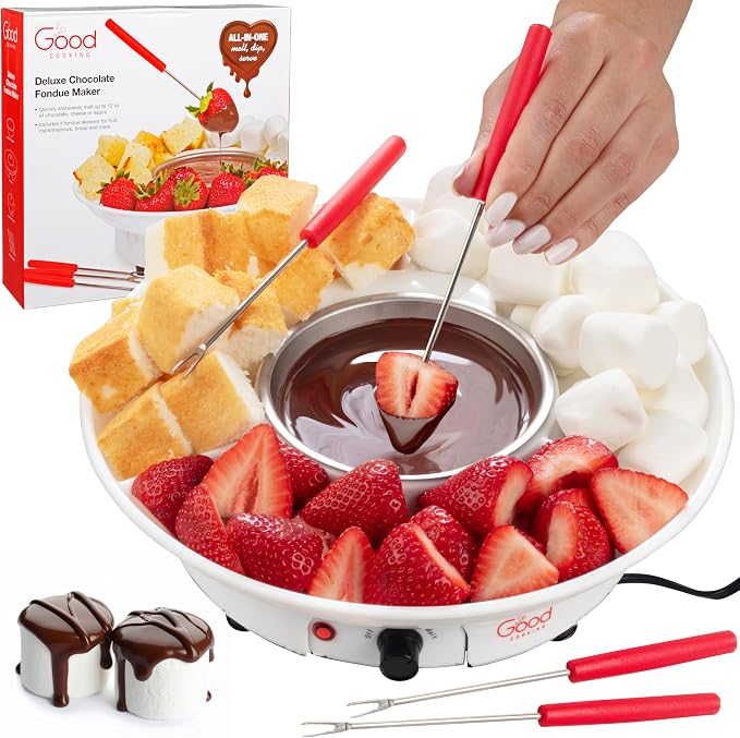 Electric Fondue Maker Set with Tray & 4 Forks for Chocolate and Cheese | 3-in-1 Chocolate Melter, Cheese Fondue Pot & Candy Warmer for Summer Parties, BBQs, Appetizers, Desserts & S’mores Setup