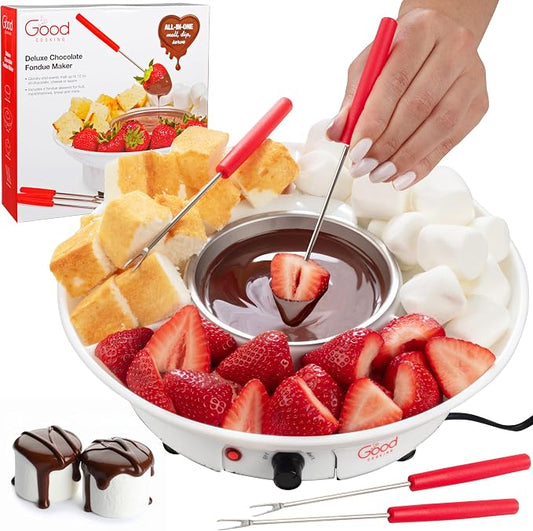 Electric Fondue Maker Set with Tray & 4 Forks for Chocolate and Cheese | 3-in-1 Chocolate Melter, Cheese Fondue Pot & Candy Warmer for Summer Parties, BBQs, Appetizers, Desserts & S’mores Setup