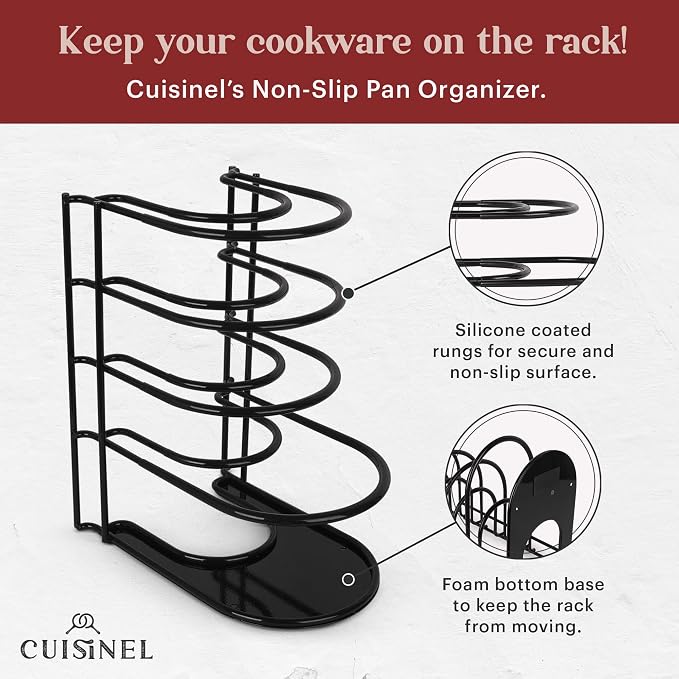 Cuisinel Pan Organizer for Cast Iron, Silicone-Coated 12" Skillet Rack