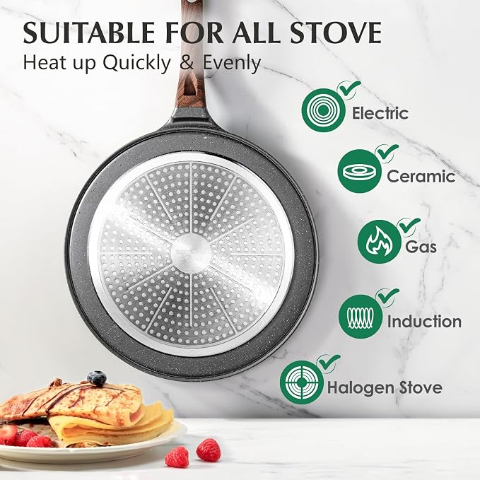 SENSARTE Nonstick Crepe Pan, Swiss Granite Coating Dosa Pan Pancake Flat Skillet Tawa Griddle 10-Inch with Stay-Cool Handle, Induction Compatible (Pack of 2)