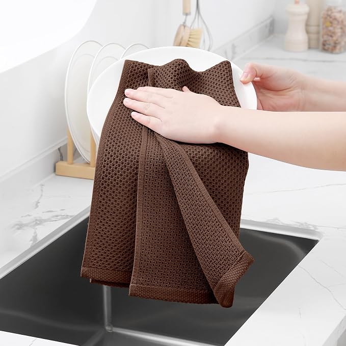 Homaxy 100% Cotton Waffle Weave Kitchen Towels, 3-Pack, Coffee | 13 x 28 Inches, Ultra Soft Absorbent Dish Towels, Quick Drying Cleaning Towels
