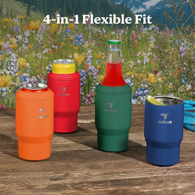 Reduce 4-in-1 Drink Cooler - Versatile Can & Bottle Holder with Vacuum Insulation - Keeps Drinks Cold Up to 4 Hours - Includes Bottle Opener - Fits Cupholders & Dishwasher Safe - 14oz - Orange Rush