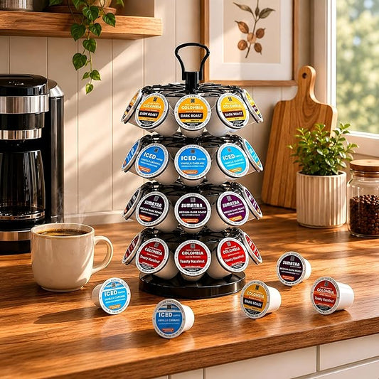 K Cup Holder-Coffee Pod Holder Organizer for 36 K-Cup Pods, 4-Tier Coffee Pod Carousel Compatible with K-Cups, 360° Rotating with Stable Base, Space-Saving for Kitchen Countertop & Office, Black