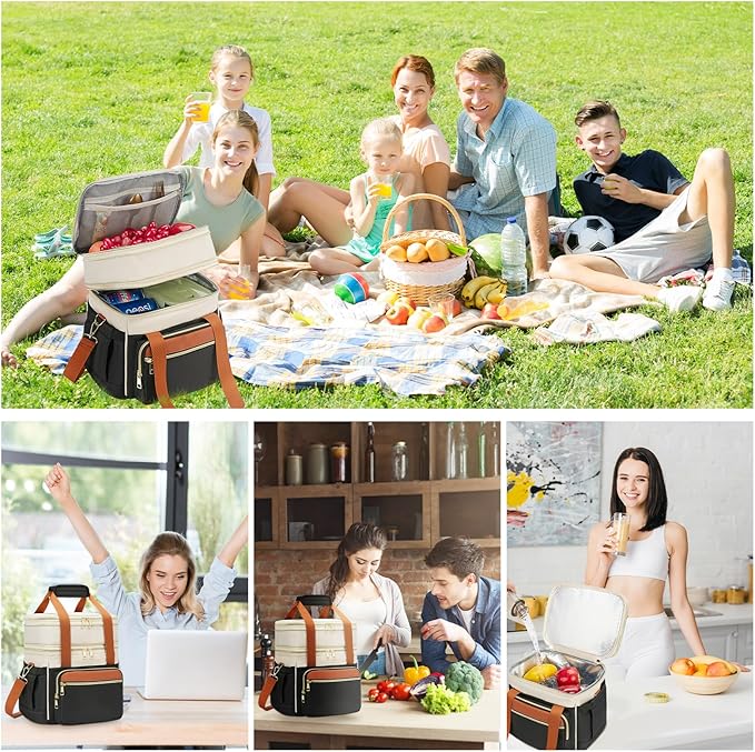 holuxer Insulated Lunch Bag & Lunch Box for Women - Double Deck Reusable Lunch Bag for men Tote Cooler Bag Leakproof Soft Expandable - Large Lunchbox for Work/Adult/Picnic/Outdoor (Coffee Black，15L)