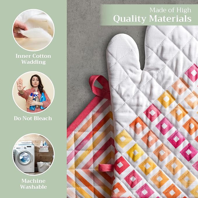 Maison d' Hermine 100% Cotton Oven Mitt & Pot Holder Set (7.5"x13" & 8"x8") | Heat Resistant BBQ Cooking Gloves with Loop Baking Grilling Kitchen Hotel Home Farmhouse Spring Summer - Summer Maze