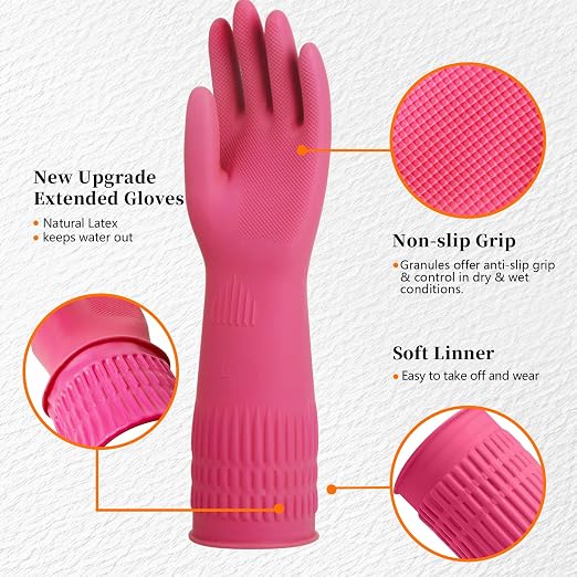 Rubber Gloves for Cleaning – 3 Pairs Reusable Gloves for Dishwashing, Kitchen and Household Tasks, 15-Inch Long (Regular Style, Medium (Fits Small Hands))