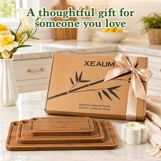 Bamboo Cutting Board for Kitchen, 3-Piece Wooden Cutting Board Set with Juice Grooves, Side Handles, Non-Slip Mats, Reversible Boards for Meat, Vegetables, Fruit, Kitchen Gift