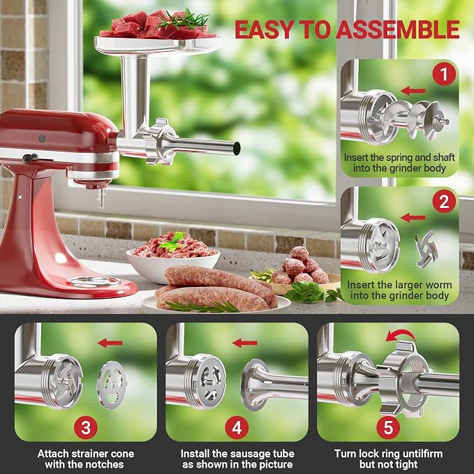 HOZODO Meat Grinder Attachment for KitchenAid Stand Mixer, Burger Press | Metal Food Grinder Attachment, Sausage Stuffer, Kitchen Aid Accessories and Attachments