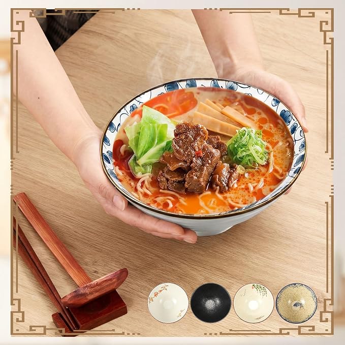 Geiserailie 40oz Ceramic Japanese Ramen Bowls Set of 4, 8 Inch Deep Asian Pho Udon Soup Noodle Bowls with Chopsticks, Spoons & Chopstick Rest -Microwave & Dishwasher Safe(Vintage Style)