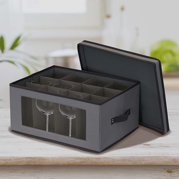 Household Essentials Wine Glass Storage Box in Strong Frame, Handles, Windowed Panel and 12 Compartments, Gray with Black Trim