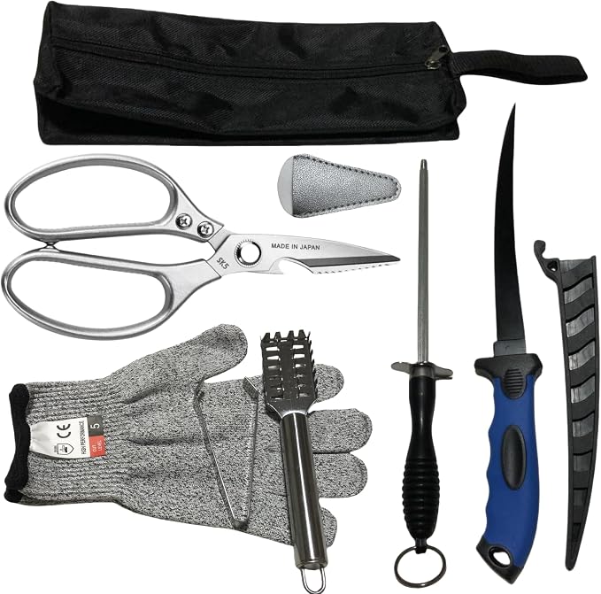Fishing Knife Set, Fish Cleaning Kit, Filet Knife for Fish, Fish Scale Cleaning Brush, Multi-Functional Scissors, Gloves, Fishbone Tweezers, Storage Bag,Fishing Accessories,Fishing Tool Kit