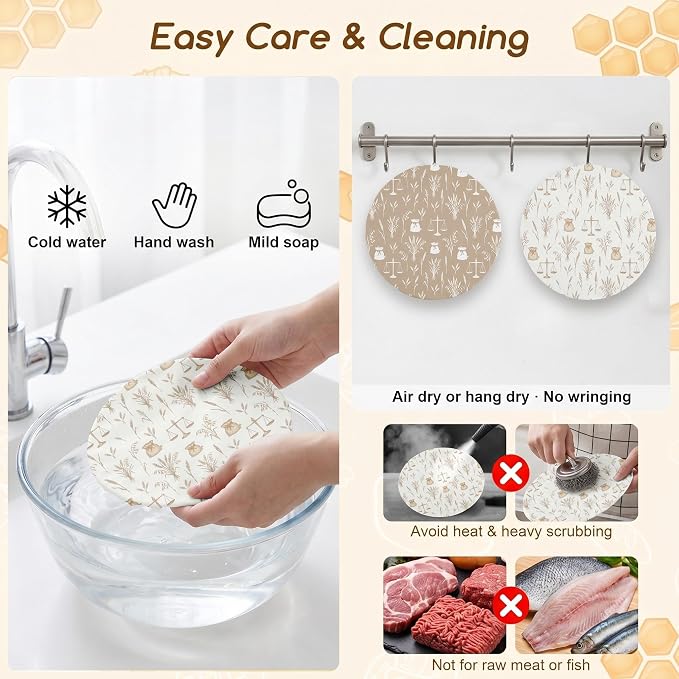 2Pcs Beige Reusable Beeswax Bowl Covers Bread Sourdough Bowl Covers for Proofing Rustic Wheat Reusable Elastic Bread Sourdough Cover Wrap Dough Proofing Food Storage Kitchen Baking Supplies