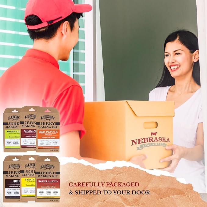 Lucky Jerky DIY Beef Jerky Seasoning and Cure Kit, 6 Flavors, 72 Oz | Make Your Own with Sweet and Spicy, Peppered, Red Pepper, Teriyaki, BBQ, and Original, Seasons 120lbs of Meat