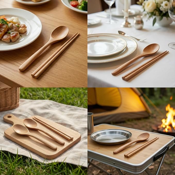Handmade Wooden Cutlery Set by Diulazin - 4PCS Reusable Spoon and Chopsticks, High-Grade for Daily Use, Parties, Banquets, Buffets, Catering - Eco-Friendly, 9 Inch (Style E)