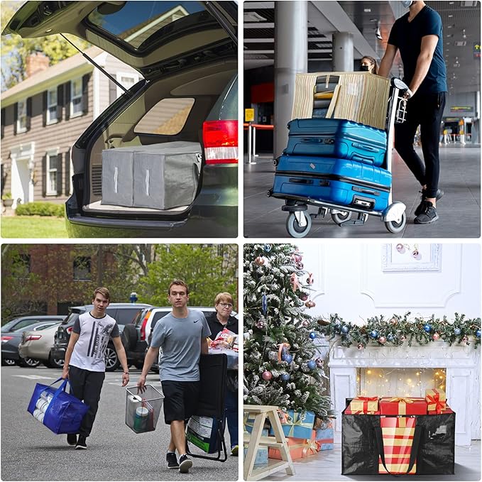 BALEINE 4-Pack Oversized Moving Bags with Reinforced Handles, Heavy-Duty Storage Tote Moving Supplies for Packaging, Camping (Gray w/Window, 4-Pack)