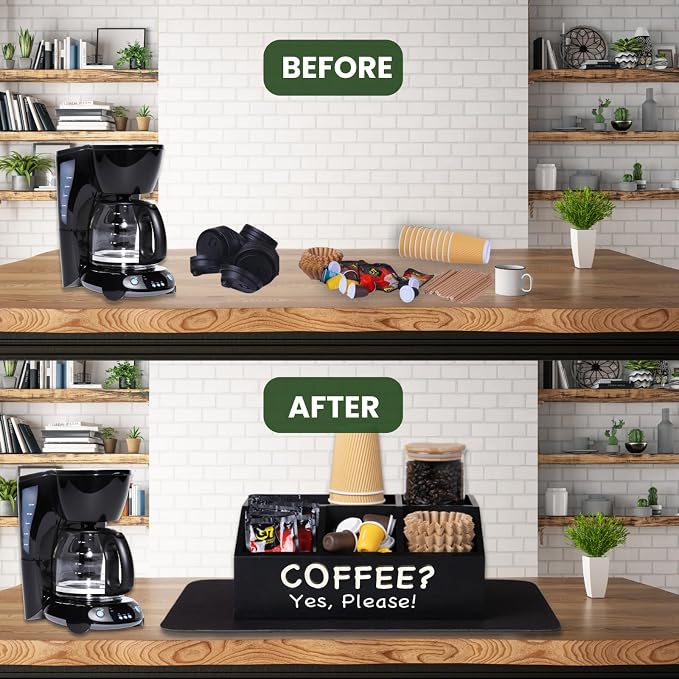 Modern Chic Coffee Bar Organizer + Coffee Mat - Countertop Coffee Station with Removable Drawers - Black
