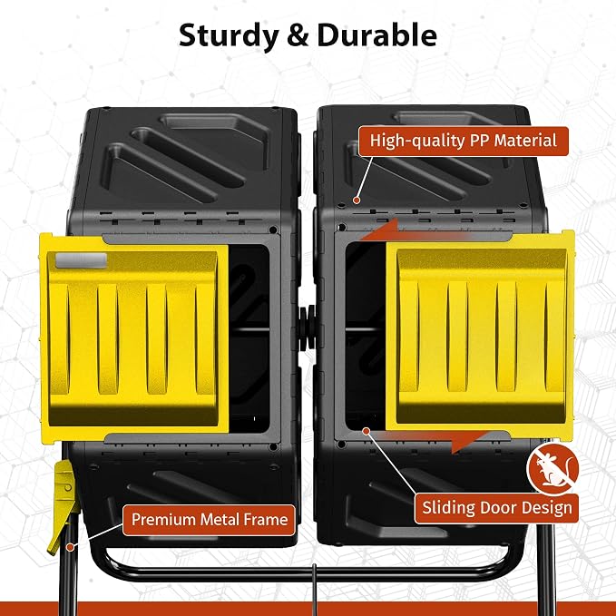 Compost Bin, 37-Gal Dual Chamber Composter Tumbler, Black Yellow | Steel Frame with 2 Sliding Door and Aeration System, 360° Rotating, Tumbling Composting Bin for Kitchen, Garden, Yard