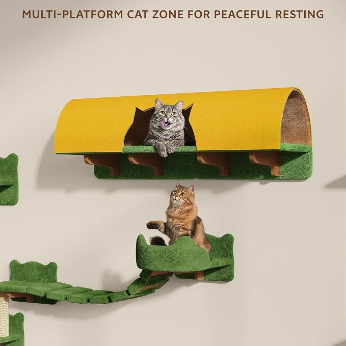 Cat Wall Furniture, 9 in 1 Cat Wall Shelves Set with Bridge, Beige | Wall Mounted Cats Shelf for Space-Saving, Multi-Level Cat Climbing Systems for 16 Inch Drywall, with Scratching Posts, Condos