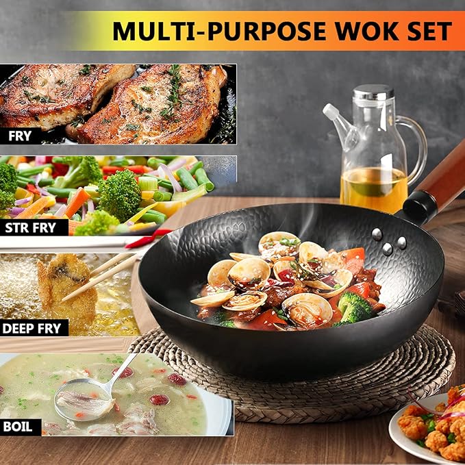 14 Piece Carbon Steel Wok Pan, Woks & Stir-Fry Pans Set with Wooden Lid Cookwares, No Chemical Coated Flat Bottom Chinese Pan for Induction, Electric, Gas, Halogen All Stoves - 12.6''