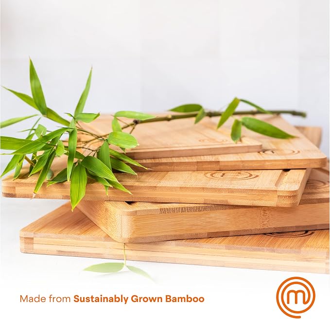 MasterChef Wooden Cutting Boards for Kitchen, Bamboo Cutting Board Set of 3 | Reversible Large, Medium & Small Wooden Chopping Boards with Juice Grooves, Natural, Organic & Sustainable Wood, Food Safe