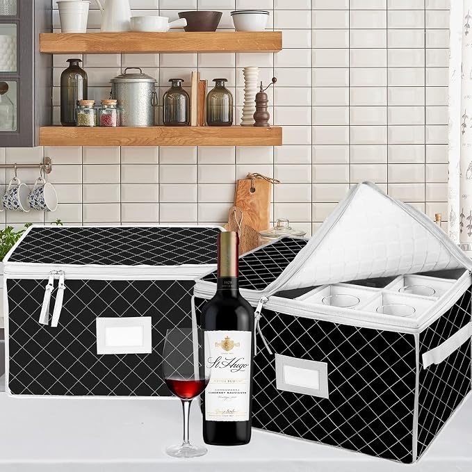 China Storage Containers - Stemware Storage Cases for 12 Wine Champagne Glasses - 2 Pack Crystal Glassware Protector Packing Boxes with Dividers and 2 Handles for Moving (Black)