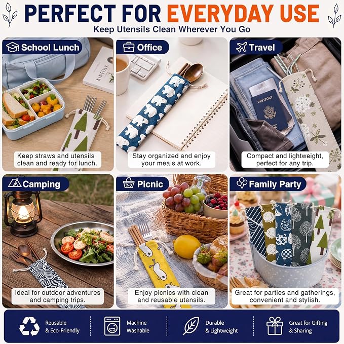 Outus 50 Pcs Straw Carrying Case Chopstick Case, Reusable Utensil Pouch Portable Travel Canvas Bag for Straws, Knife, Fork, Spoon, Chopsticks (Classic Blue Mix)