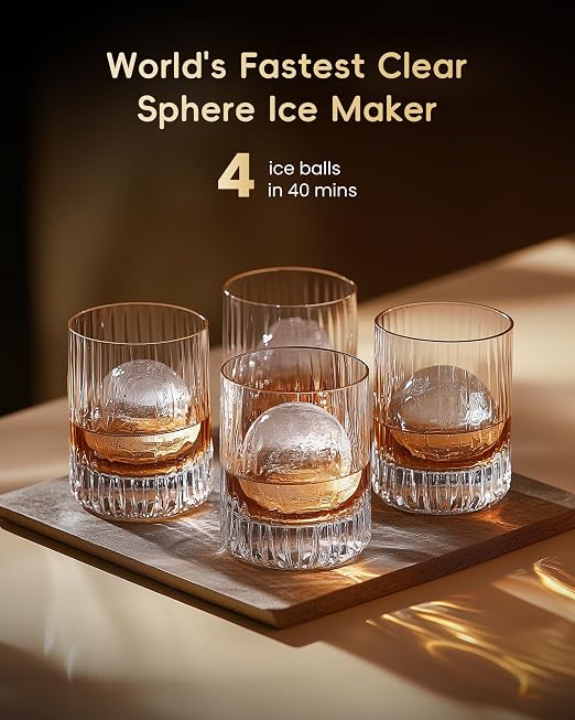 ecozy 2" Ice Ball Maker Countertop, Clear Sphere Ice Machine, 144 Pcs/Day | CrystalFlux Technology, 4 Pcs in 40 Mins, Enhanced Insulation, Auto Water Supply, Self-Cleaning