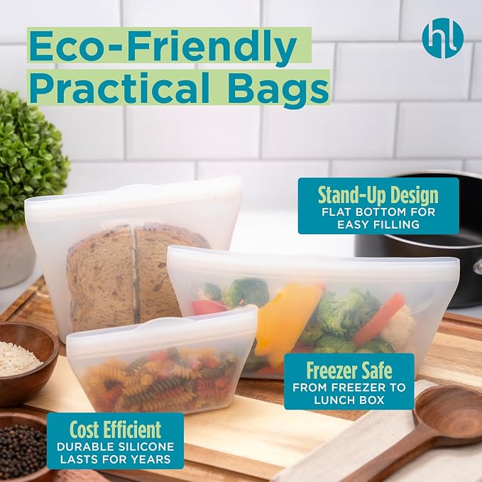 Home Logic Reusable Quart Bags - Set of 4 Clear Silicone Freezer Bags, Airtight Leak Resistant Reusable Zip Bags for Kitchen Home Food Prep, Microwave & Sous Vide Safe