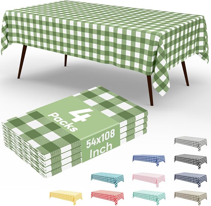 4 Packs Buffalo Disposable Table Cloth, 54 x 108 Inch Waterproof Plastic Tablecloth, Rectangle Sage Green and White Checkered Table Covers for Picnic, Birthday, Party, Back to School