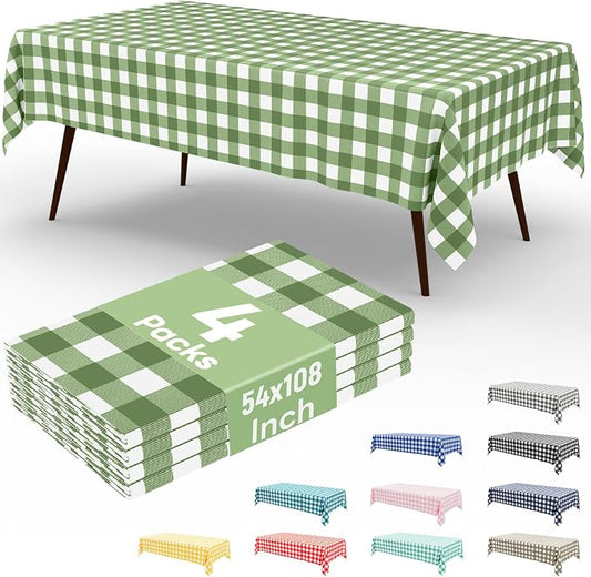 4 Packs Buffalo Disposable Table Cloth, 54 x 108 Inch Waterproof Plastic Tablecloth, Rectangle Sage Green and White Checkered Table Covers for Picnic, Birthday, Party, Back to School