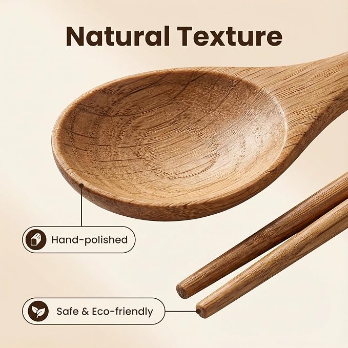 Handmade Wooden Cutlery Set by Diulazin - 4PCS Reusable Spoon and Chopsticks, High-Grade for Daily Use, Parties, Banquets, Buffets, Catering - Eco-Friendly, 9 Inch (Style E)