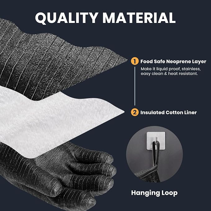 GEEKHOM 14-Inch Heat Resistant Gloves 932°F for BBQ Grilling, Waterproof Long Sleeve Anti-Slip Cooking Gloves – Textured Grip Protection