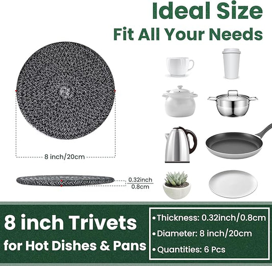 8 Inch Trivets for Hot Dishes, Hot Pots and Pans, Thick Heat Resistant Large Coaster for Kitchen, Hot Pads, Kitchen Essentials, Kitchen Decor for Table & Countertop, 6 Pcs