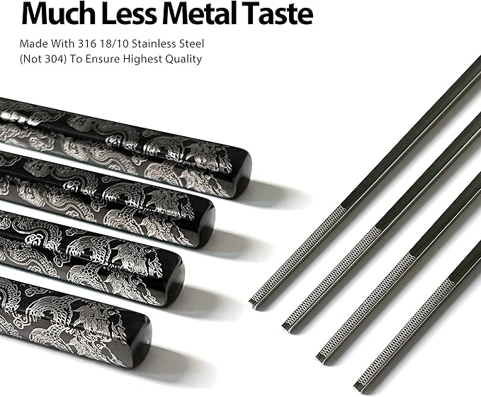 Hagary Dragon Chopsticks Metal Reusable Designed In Korea Japanese Style Stainless Steel 316 18/10 Non-Slip 2 Pairs Dishwasher Safe Laser Etched (Black)
