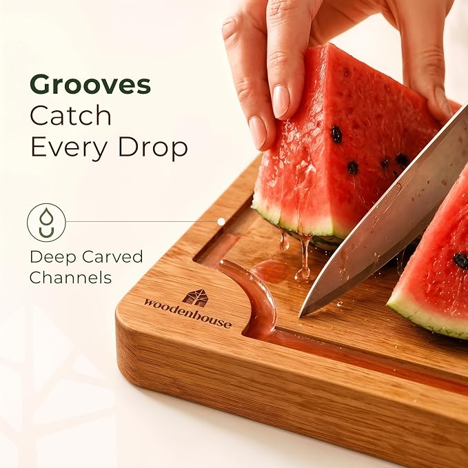 Wooden Cutting Board Set of 3 – Bamboo Wood Cutting Boards for Kitchen | with Deep Juice Grooves & Built-In Handles – Large, Non-Toxic, Easy to Clean Chopping Boards for Meat, Vegetables & Fruits