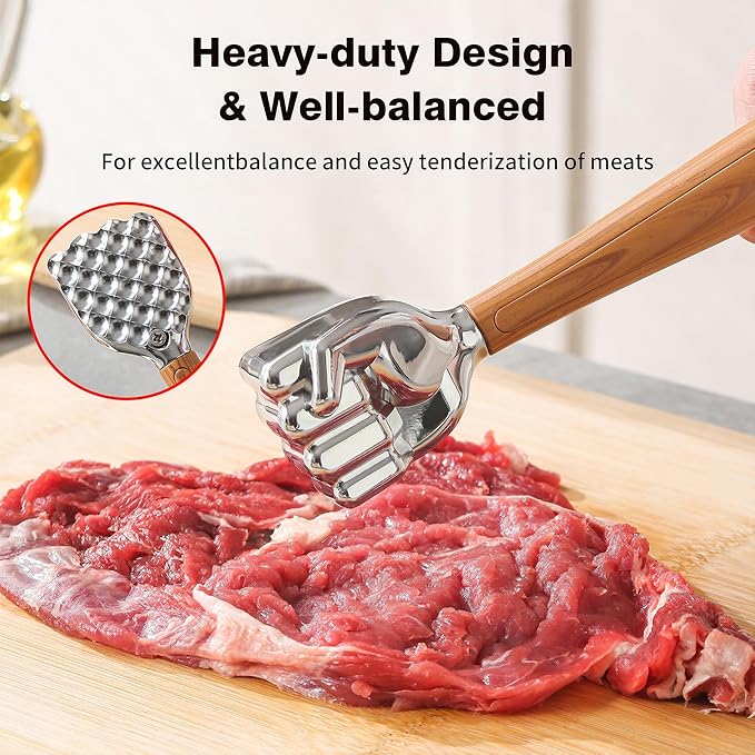 Meat Tenderizer Hammer, 14 oz Heavy Duty Meat Mallet Pounder | Fist-Shaped, Wood-Grain Non-Slip Handle, Dual-Sided Kitchen Hammer for Steak, Chicken & Pork