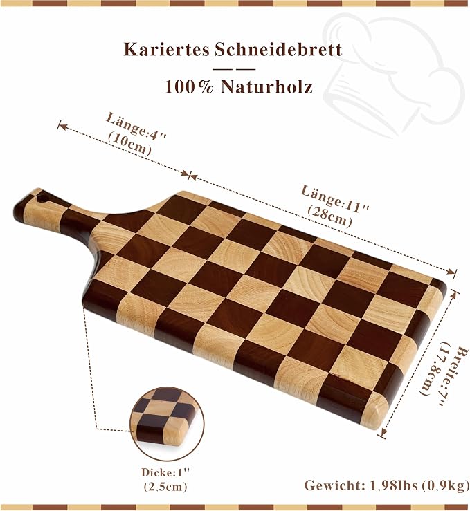 Checkered Wooden Cutting Board with Handle | 15" x 7" x 1" Thick | Acacia & Rubber Wood | Cheese & Charcuterie Serving Board | Meat, Bread, Fruit & Vegetable Prep